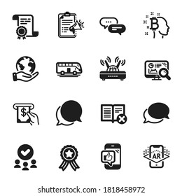 Set of Technology icons, such as Bitcoin think, Seo analytics. Certificate, approved group, save planet. Reject book, Atm service, Bus tour. Megaphone checklist, Dots message, Mobile like. Vector