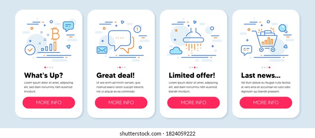 Juego de iconos de tecnología, como gráficos de Bitcoin, Ducha, símbolos de mensajes. Banners de simulación de pantalla móvil. Iconos de la línea de compras Seo. Análisis de criptografía, Baño, burbuja de chat. Analítica. Vector