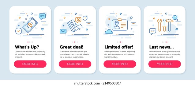 Set of Technology icons, such as Bitcoin, Credit card, Identification card symbols. Mobile screen app banners. Spanner tool line icons. Cryptocurrency coin, Loan percent, Person document. Vector