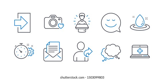 Set of Technology icons, such as Brand ambassador, Login, Refer friend, Speech bubble, Smile, Cogwheel timer, Photo camera, Fuel energy, Mail correspondence, Medical help line icons. Vector