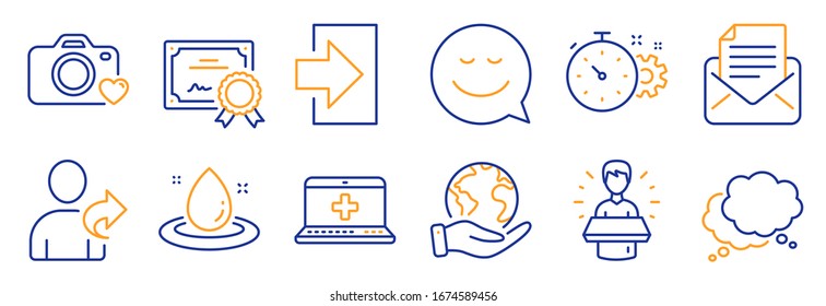 Set of Technology icons, such as Brand ambassador, Login. Certificate, save planet. Refer friend, Speech bubble, Smile. Cogwheel timer, Photo camera, Fuel energy. Vector