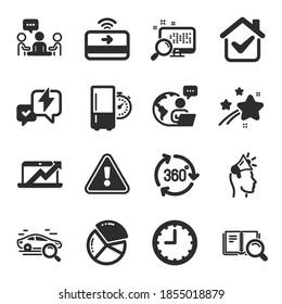 Set of Technology icons, such as Brand ambassador, Sales diagram, Contactless payment symbols. Search book, Search, Time signs. Pie chart, 360 degree, Refrigerator timer. Lightning bolt. Vector