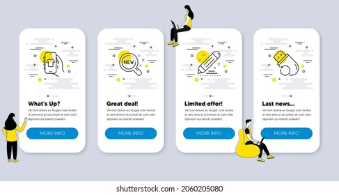 Set of Technology icons, such as Brand contract, New products, Shop app icons. UI phone app screens with people. Flash memory line symbols. Edit report, Search, Smartphone store. Recovery usb. Vector