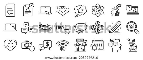 Set of Technology icons, such as Brand contract,\
Chat messages, Brand ambassador icons. Car, Resume document, Smile\
face signs. Video conference, Messages, Loyalty star. Recovery\
photo. Vector