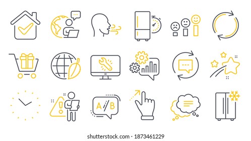 Set of Technology icons, such as Breathing exercise, Update comments, Refrigerator symbols. Environment day, Time, Ab testing signs. Full rotation, Monitor repair, Shopping cart. Cogwheel. Vector