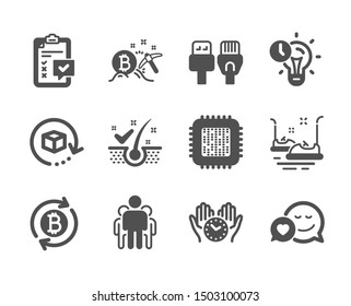 Set of Technology icons, such as Bumper cars, Refresh bitcoin, Computer cables, Safe time, Bitcoin mining, Checklist, Return package, Group, Dating, Time management, Anti-dandruff flakes. Vector