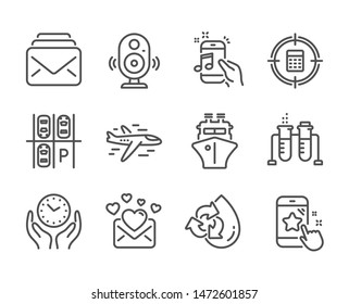 Set of Technology icons, such as Calculator target, Love mail, Recycle water, Speaker, Ship, Airplane, Parking place, Chemistry beaker, Star rating, Safe time, Music phone, Mail. Vector