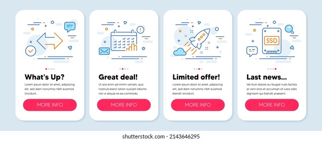 Set of Technology icons, such as Calendar graph, Startup rocket, Sync symbols. Mobile app mockup banners. Ssd line icons. Annual report, Business innovation, Synchronize. Solid-state drive. Vector