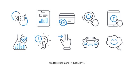 Set of Technology icons, such as Car, Report document, Seo target, Swipe up, Touchscreen gesture, Change card, Time management, 360 degree, Chemistry lab, Smile chat line icons. Line car icon. Vector