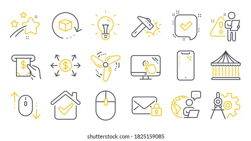 Set of Technology icons, such as Carousels, Atm service, Idea symbols. Return package, Dollar exchange, Touch screen signs. Hammer blow, Scroll down, Computer mouse. Confirmed, Smartphone. Vector