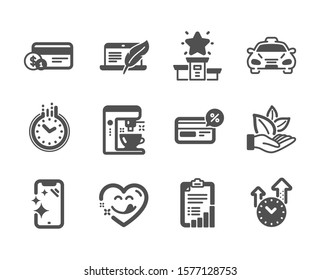 Set of Technology icons, such as Cashback, Taxi, Yummy smile, Checklist, Coffee maker, Winner podium, Time, Organic product, Copyright laptop, Smartphone clean, Time management. Cashback icon. Vector