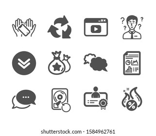 Set of Technology icons, such as Certificate, Recovery hdd, Scroll down, Video content, Hot loan, Recycle, Messenger, Support consultant, Smartphone holding, Report document, Dots message. Vector