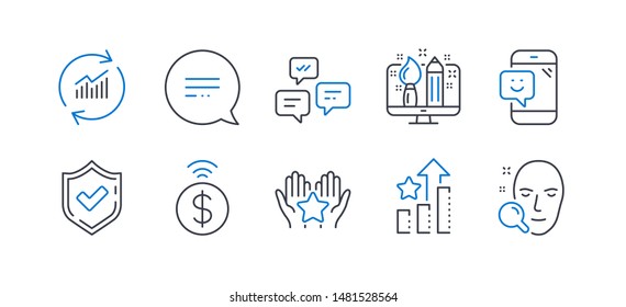 Set of Technology icons, such as Chat messages, Confirmed, Creative design, Smile, Text message, Update data, Ranking, Ranking stars, Contactless payment, Face search line icons. Vector