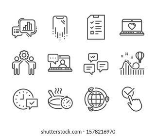 Set of Technology icons, such as Checkbox, Interview, Select alarm, Eco energy, Frying pan, Graph chart, Web love, Employees teamwork, Roller coaster, Smartphone recovery, Chat messages. Vector