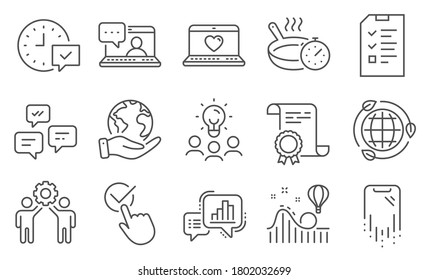 Set of Technology icons, such as Checkbox, Interview. Diploma, ideas, save planet. Select alarm, Eco energy, Frying pan. Graph chart, Web love, Employees teamwork. Vector