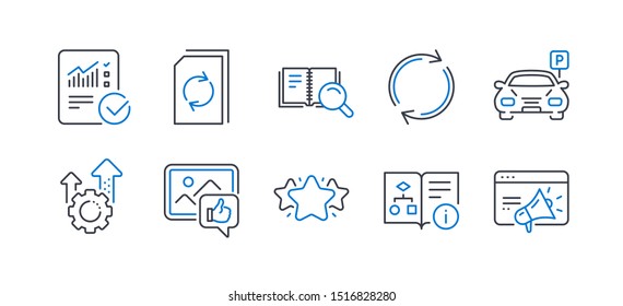 Set of Technology icons, such as Checked calculation, Like photo, Technical algorithm, Star, Seo gear, Search book, Update document, Parking, Full rotation, Seo marketing line icons. Vector