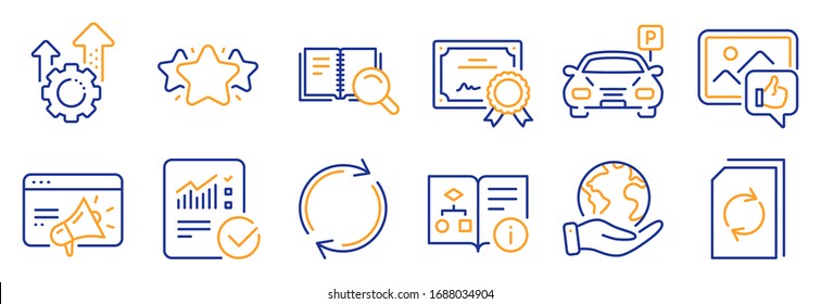 Set of Technology icons, such as Checked calculation, Like photo. Certificate, save planet. Technical algorithm, Star, Seo gear. Search book, Update document, Parking. Vector