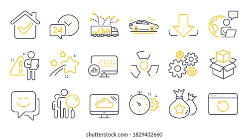 Set of Technology icons, such as Chemical hazard, Cogwheel timer, Report statistics symbols. Smile face, Loyalty points, Download signs. Cogwheel, Recovery internet, 24h service. Car. Vector