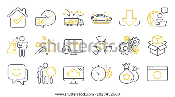 Set of Technology icons, such as Chemical hazard,\
Cogwheel timer, Report statistics symbols. Smile face, Loyalty\
points, Download signs. Cogwheel, Recovery internet, 24h service.\
Car. Vector