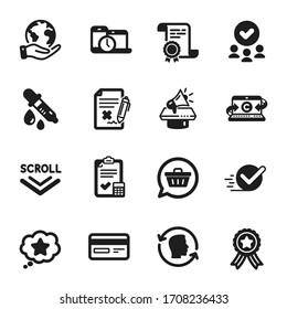 Conjunto de iconos de la tecnología, como la pipeta de Química, la estrella de la lealtad. Certificado, grupo aprobado, salvar planeta. Administración de tiempo, bloc de notas de escritura de copia, Id. de cara. vector