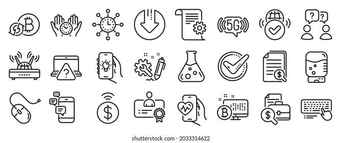 Set of Technology icons, such as Chemistry lab, Refresh bitcoin, 5g wifi icons. Confirmed, Certificate, Water cooler signs. Teamwork questions, Cardio training, Communication. Electric app. Vector