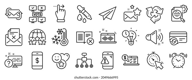 Set of Technology icons, such as Chemistry pipette, Favorite mail, Warning message icons. Music making, Time management, Loud sound signs. Reject letter, Recycle, Online accounting. Timer. Vector