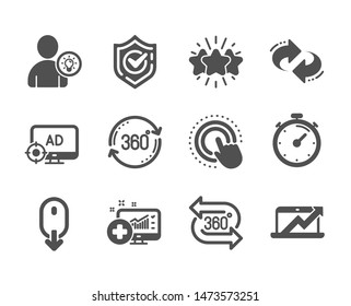Set of Technology icons, such as Click hand, Star, Full rotation, Confirmed, 360 degree, Seo adblock, User idea, Timer, Medical analytics, Sales diagram, Refresh, Scroll down. Click hand icon. Vector