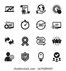 Set of Technology icons, such as Click hand, Star. Certificate, approved group, save planet. Full rotation, Confirmed, 360 degree. Seo adblock, User idea, Timer. Vector