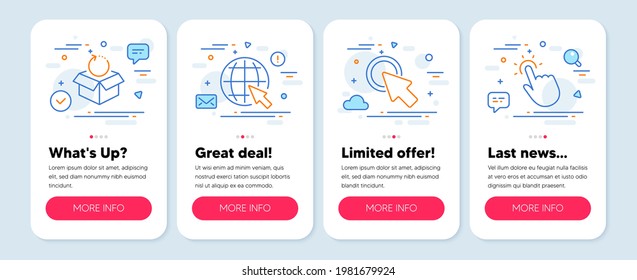 Set of Technology icons, such as Click here, Internet, Return package symbols. Mobile app mockup banners. Touchpoint line icons. Push button, World web, Exchange goods. Touch technology. Vector