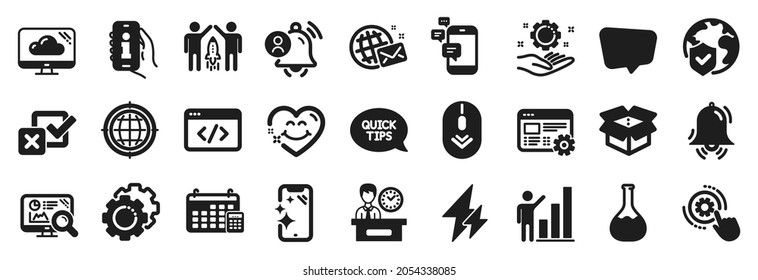 Set of Technology icons, such as Cloud storage, Partnership, Seo script icons. Quickstart guide, World insurance, Smile face signs. Info app, World mail, User notification. Electricity. Vector