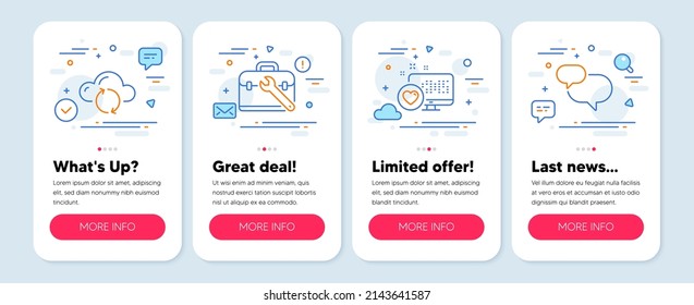 Set of Technology icons, such as Cloud sync, Tool case, Heart symbols. Mobile screen app banners. Chat message line icons. Document storage, Repair service, Social media. Speech bubble. Vector