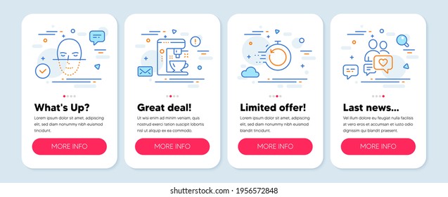 Set of Technology icons, such as Coffee maker, Fast recovery, Face recognition symbols. Mobile screen banners. Dating chat line icons. Tea machine, Backup timer, Faces biometrics. People love. Vector