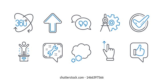 Set of Technology icons, such as Cogwheel dividers, Touchscreen gesture, Spanner, Talk bubble, Confirmed, Quote bubble, Winner podium, Upload, Full rotation, Like line icons. Vector
