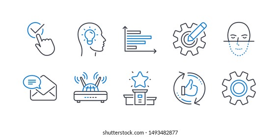 Set of Technology icons, such as Cogwheel, Wifi, Winner podium, New mail, Refresh like, Face recognition, Horizontal chart, Idea head, Checkbox, Service line icons. Line cogwheel icon. Vector