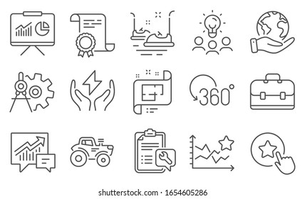 Set of Technology icons, such as Cogwheel dividers, Portfolio. Diploma, ideas, save planet. Bumper cars, Accounting, Loyalty star. Spanner, Tractor, Ranking stars. Vector