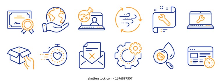 Conjunto de iconos de la tecnología, como CogWheel, Análisis del agua. Certificado, salva el planeta. Temporizador web, Temporizador, Energía eólica. Química en línea, reparación de portátiles, caja de retención. Spanner, Rechazar iconos de línea de letras. Vector