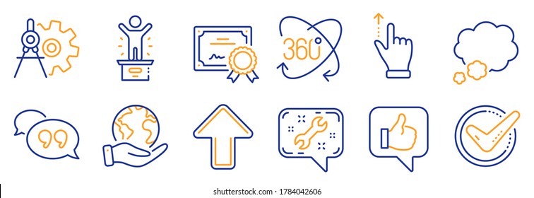 Juego de iconos de la tecnología, como por ejemplo los divisores de CogWheel, gesto de la pantalla táctil. Certificado, salva el planeta. Spanner, Talk burbubble, Confirmado. Burbuja de citas, podio ganador, subir. Vector
