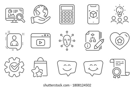 Set von Technologie-Symbolen, wie Cograd, Lächeln Chat. Diplom, Ideen, retten Planet. Treuepunkte, Videoinhalte, Algorithmus. Gesichtsbiometrie, Augmented Reality, Entwickler chatten. Vektorgrafik
