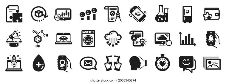 Juego de iconos de tecnología, como CogWheel, nube de recuperación, iconos de documento Divider. Entrega en línea, Gesto de movimiento, Señales de galería de imágenes. Frigorífico, Empieza el negocio, Messenger. Centro de llamadas. Vector