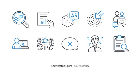 Set of Technology icons, such as Communication, Targeting, Augmented reality, Reject, Ranking, Document, Support consultant, Online education, Analytics, Search analysis line icons. Vector
