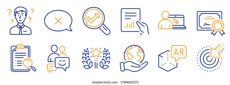 Set of Technology icons, such as Communication, Targeting. Certificate, save planet. Augmented reality, Reject, Ranking. Document, Support consultant, Online education. Vector