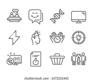 Set of Technology icons, such as Computer, Energy, Chemistry dna, Shop cart, Smile face, Web call, Idea, Brand ambassador, Partnership, Employees talk, Approved document, Safe time. Vector