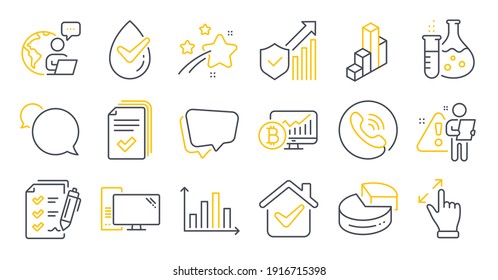 Set of Technology icons, such as Computer, Pie chart, 3d chart symbols. Diagram graph, Dermatologically tested, Touchscreen gesture signs. Chemistry flask, Survey checklist, Call center. Vector