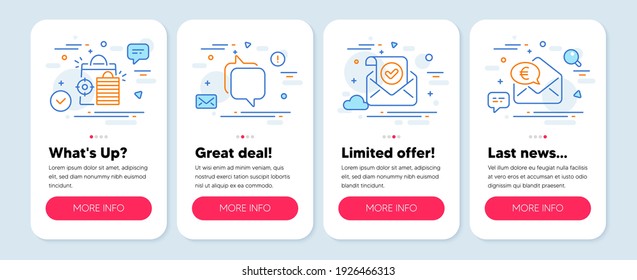 Set of Technology icons, such as Confirmed mail, Messenger, Seo shopping symbols. Mobile app mockup banners. Euro money line icons. Verified email, Speech bubble, Analytics. Receive cash. Vector