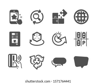 Set of Technology icons, such as Contactless payment, Chat message, Puzzle, Augmented reality, Coffee vending, Globe, Search, Parking place, Star rating, Share idea, Messenger, Recycle. Vector