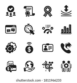 Set of Technology icons, such as Contactless payment, Chemistry dna. Certificate, approved group, save planet. Employees teamwork, Id card, Timer. Share call, Resilience, Correct answer. Vector