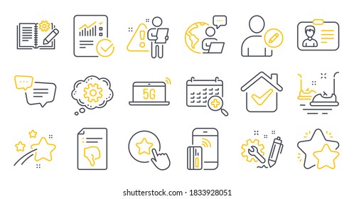 Set von Technologie-Symbolen, wie kontaktlose Zahlung, Textnachricht, Engineering-Symbole. Stoßstangen, 5g Notebook, Kennzeichen. Cograd, Checked-Berechnung, Star. Benutzer bearbeiten. Vektorgrafik