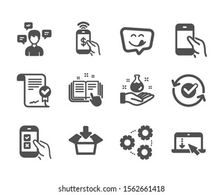 Set of Technology icons, such as Conversation messages, Scroll down, Yummy smile, Mobile survey, Chemistry lab, Approved agreement, Approved, Get box, Gears, Hold smartphone, Phone payment. Vector