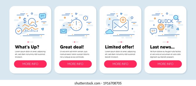 Juego de iconos de tecnología, como temporizador de cocina, correo nuevo, Comprobar símbolos de inversión. Banners de pantalla móvil. Iconos de línea de consejos rápidos. Stopwatch, Add e-mail, Business report. Trucos útiles. Vector