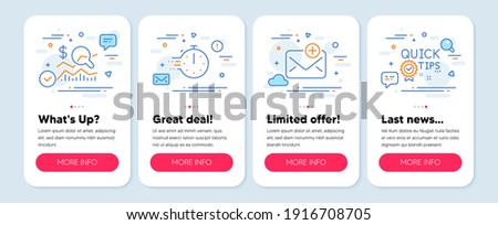 Set of Technology icons, such as Cooking timer, New mail, Check investment symbols. Mobile screen banners. Quick tips line icons. Stopwatch, Add e-mail, Business report. Helpful tricks. Vector